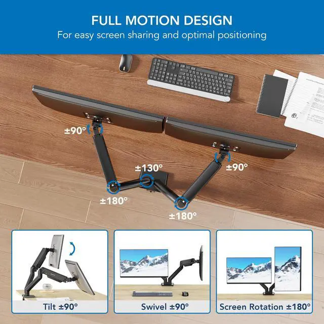 Alt view image 4 of 5 - Mount-It! Full Motion Dual Monitor Mount with Spring Arms, 17" to 32", Full Motion Monitor Arm with Tilt, Rotation, Swivel, Height Adjustment, Clamp or Grommet, Fits VESA 75x75 and 100x100 - Black