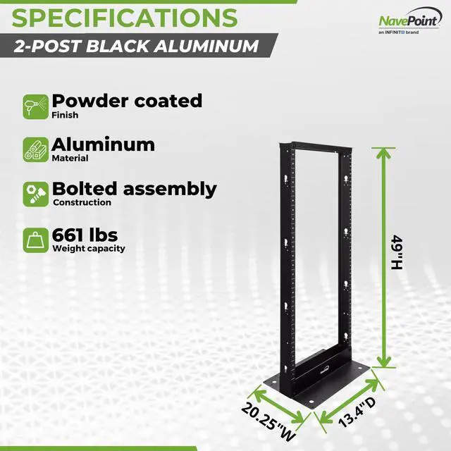 Alt view image 4 of 5 - NavePoint 25U 2 Post Open Frame Server Rack for 19 Inch Equipment, AV, Networking, Data & IT Devices, 2-Post Rack 25U 661lbs Weight Capacity, Black