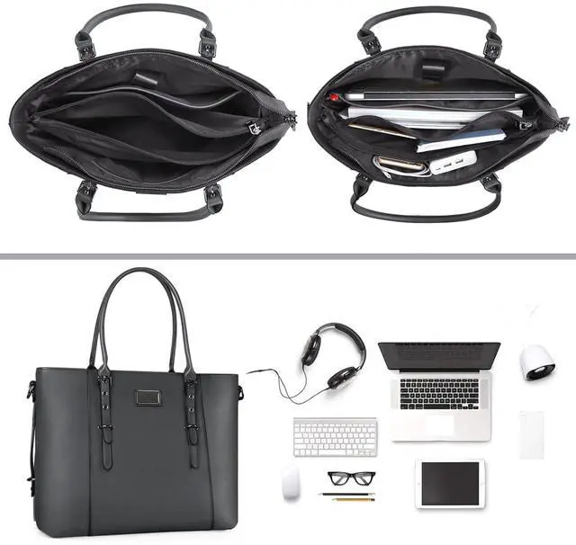 Alt view image 3 of 5 - MOSISO PU Leather Laptop Tote Bag for Women (17-17.3 inch), Waterproof Large Capacity Business Work Briefcase Shoulder Laptop Bag, Gray