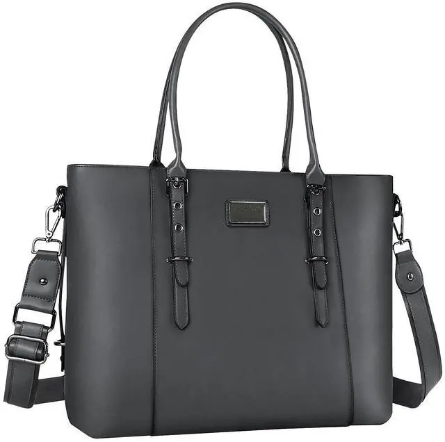 Main image of MOSISO PU Leather Laptop Tote Bag for Women (17-17.3 inch), Waterproof Large Capacity Business Work Briefcase Shoulder Laptop Bag, Gray