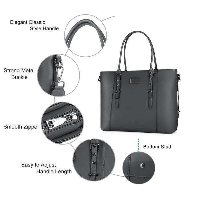 Alt view image 4 of 5 - MOSISO PU Leather Laptop Tote Bag for Women (17-17.3 inch), Waterproof Large Capacity Business Work Briefcase Shoulder Laptop Bag, Gray