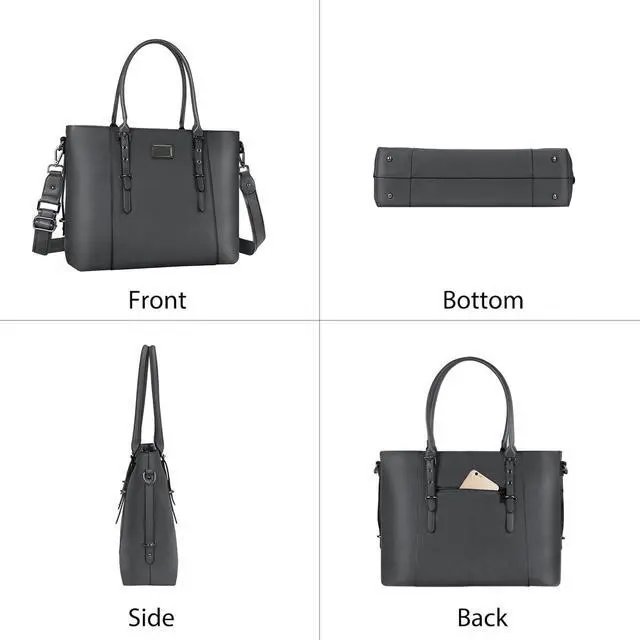 Alt view image 5 of 5 - MOSISO PU Leather Laptop Tote Bag for Women (17-17.3 inch), Waterproof Large Capacity Business Work Briefcase Shoulder Laptop Bag, Gray
