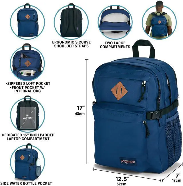Alt view image 3 of 5 - JanSport Main Campus Backpack - Travel or Work Backpack with 15-Inch Laptop Sleeve and Dual Water Bottle Pockets, Deep Juniper