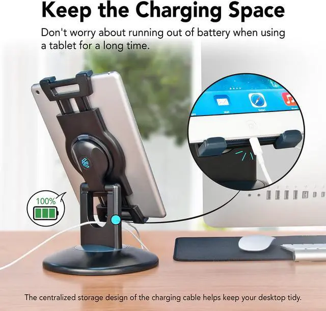 Alt view image 3 of 5 - EHO iPad Stand, 360° Rotating Commercial Tablet Stand, Retail Kiosk, 6"-13" (Screens) Adapter Universal Tablet Clamp Holder for iPad, iPad Air, iPad Mini, Microsoft Surface, Most Tablets - Black