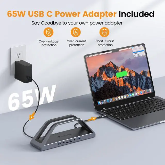 Alt view image 4 of 5 - TobenONE 14-in-1 MacBook Pro/Air Docking Station Dual 4K Monitor, Vertical Laptop Docking Station Stand for MacBook Pro/Air M1/M2/M3/M4, USB C Dock with 65W Power Adapter,2 HDMI,VGA,5Gbps USB,RJ45