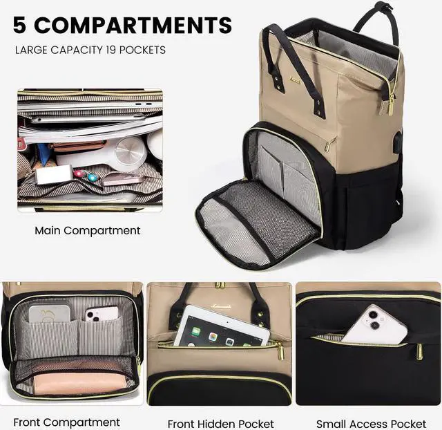 Alt view image 3 of 5 - LOVEVOOK Laptop Backpack Purse for Women, Fashion Work Travel Bags, Business Computer Backpacks, Doctor Nurse Backpack with USB Port, fits 15.6-Inch Laptop, Khaki-Black