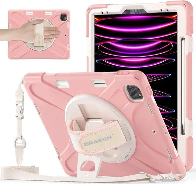 Main image of BRAECNstock Kids Case for Apple iPad Air 13 inch/iPad Pro 12.9 inch 6th/5th/4th/3rd Gen, Shockproof Protective Case with Pencil Holder, 360deg Rotating Stand & Hand Strap, Shoulder Strap, Rose Gold