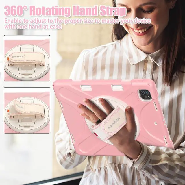 Alt view image 3 of 5 - BRAECNstock Kids Case for Apple iPad Air 13 inch/iPad Pro 12.9 inch 6th/5th/4th/3rd Gen, Shockproof Protective Case with Pencil Holder, 360deg Rotating Stand & Hand Strap, Shoulder Strap, Rose Gold