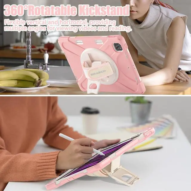 Alt view image 4 of 5 - BRAECNstock Kids Case for Apple iPad Air 13 inch/iPad Pro 12.9 inch 6th/5th/4th/3rd Gen, Shockproof Protective Case with Pencil Holder, 360deg Rotating Stand & Hand Strap, Shoulder Strap, Rose Gold