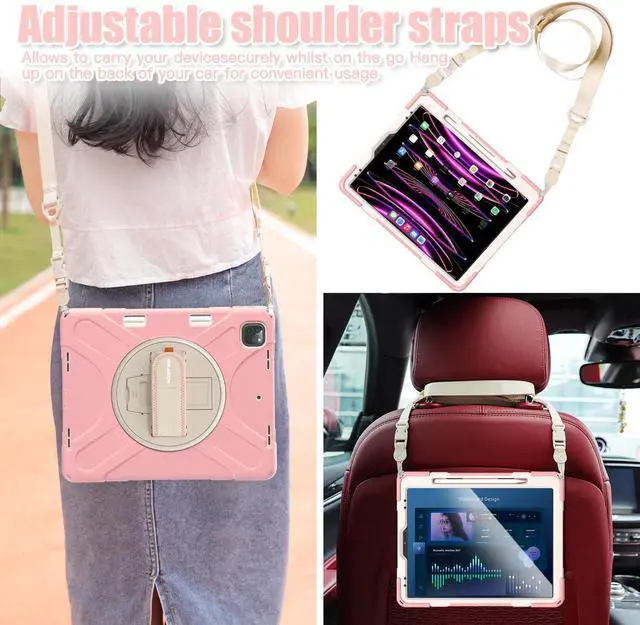 Alt view image 5 of 5 - BRAECNstock Kids Case for Apple iPad Air 13 inch/iPad Pro 12.9 inch 6th/5th/4th/3rd Gen, Shockproof Protective Case with Pencil Holder, 360deg Rotating Stand & Hand Strap, Shoulder Strap, Rose Gold