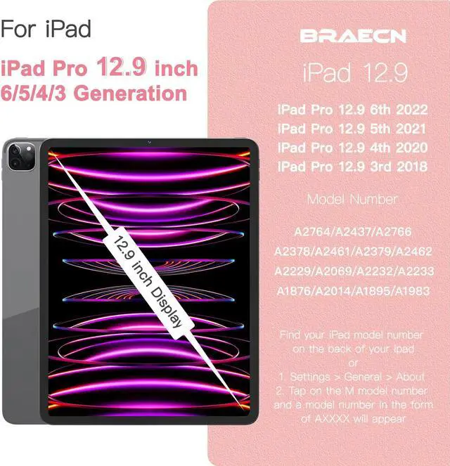 Alt view image 2 of 5 - BRAECNstock Kids Case for Apple iPad Air 13 inch/iPad Pro 12.9 inch 6th/5th/4th/3rd Gen, Shockproof Protective Case with Pencil Holder, 360deg Rotating Stand & Hand Strap, Shoulder Strap, Rose Gold