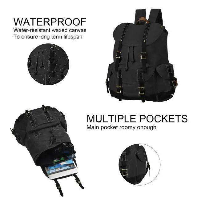 Alt view image 2 of 5 - BRASS TACKS Leathercraft Backpack for Men Heavy Duty Waxed Canvas Vintage Women Trim Casual 15.6" laptop Travel Backpack-Black