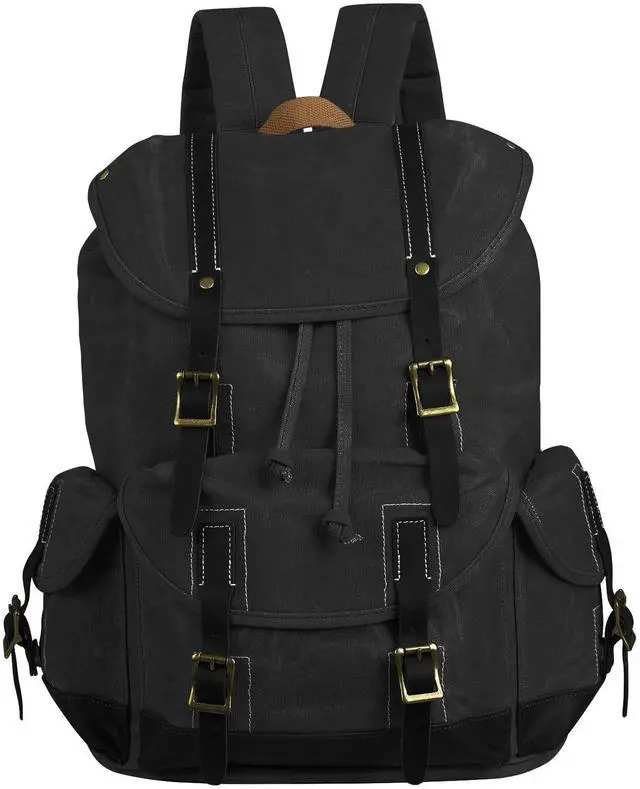 Main image of BRASS TACKS Leathercraft Backpack for Men Heavy Duty Waxed Canvas Vintage Women Trim Casual 15.6" laptop Travel Backpack-Black