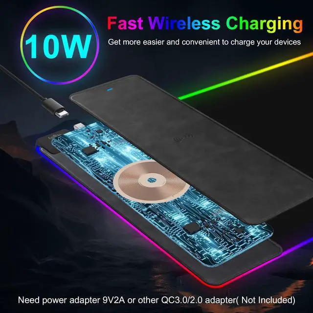 Alt view image 2 of 5 - Wireless Charging RGB Gaming Mouse Pad, 31.5"x15.7" Large Desk Mat, Desk Pad with Wireless Charger, Non-Slip Rubber Base, Waterproof, Computer Keyboard Mat for Gamer, Office, Home, Black