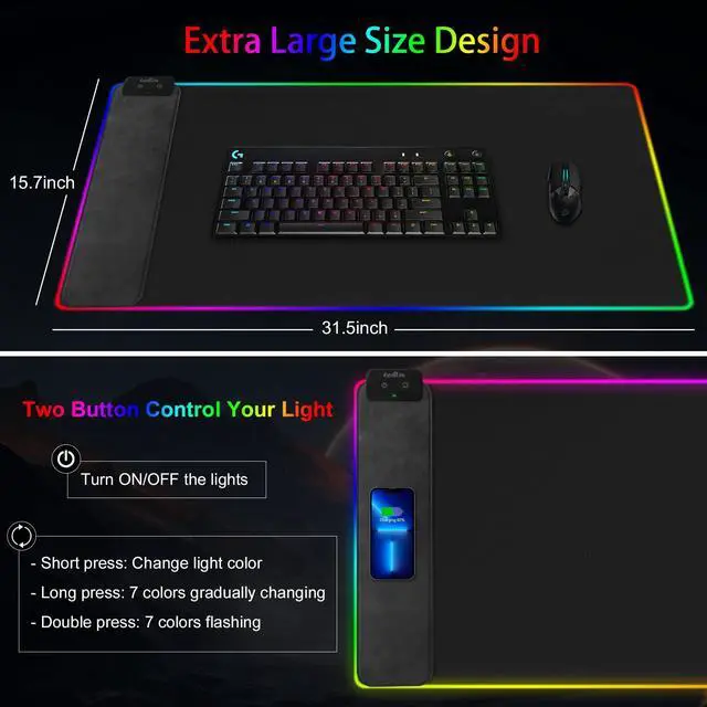 Alt view image 5 of 5 - Wireless Charging RGB Gaming Mouse Pad, 31.5"x15.7" Large Desk Mat, Desk Pad with Wireless Charger, Non-Slip Rubber Base, Waterproof, Computer Keyboard Mat for Gamer, Office, Home, Black