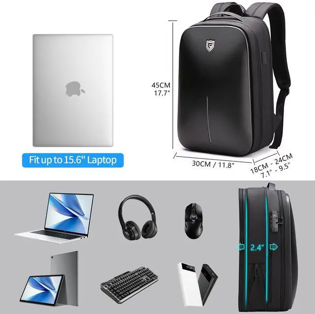 Alt view image 3 of 5 - FENRUIEN Gaming Laptop Backpack 15.6 Inch, Expandable Hard Shell Backpack with USB Charging Port, Water Resistant Business Computer Backpack, Black