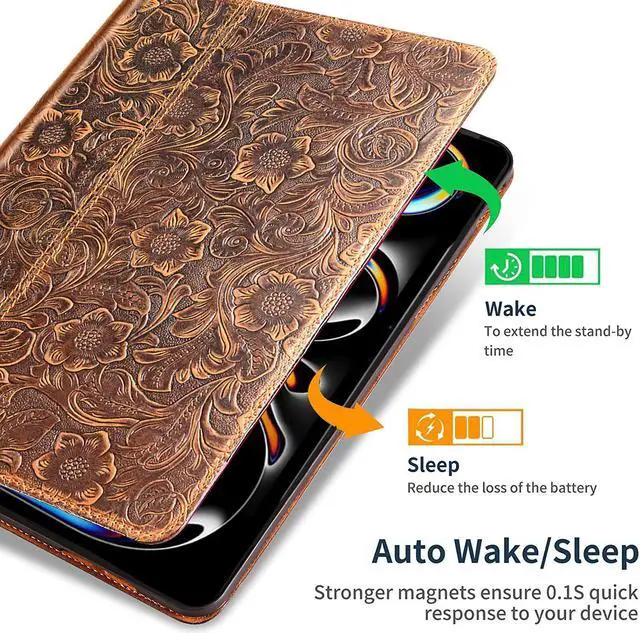 Alt view image 3 of 5 - Gexmil Genuine Leather Case for iPad Pro 11 Inch M4 2024 with Adjustable Stand,Protective Shockproof Premium Leather Smart Folio Cover Auto Sleep/Wake Anti-Slip, Flower Brown