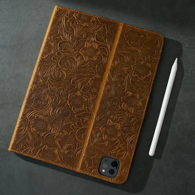 Alt view image 4 of 5 - Gexmil Genuine Leather Case for iPad Pro 11 Inch M4 2024 with Adjustable Stand,Protective Shockproof Premium Leather Smart Folio Cover Auto Sleep/Wake Anti-Slip, Flower Brown