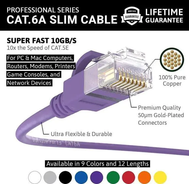 Alt view image 2 of 5 - InstallerParts Ethernet Cable CAT6A Slim Cable UTP Booted 10 FT (10 Pack) - Purple - Professional Series - 10Gigabit/Sec Network/High Speed Internet Cable, 550MHZ, 28AWG