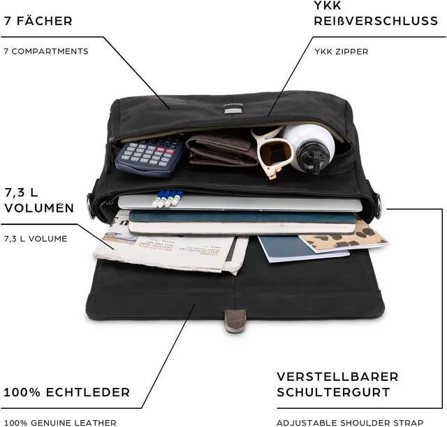 Alt view image 3 of 5 - LEABAGS Texas shoulder bag made of genuine buffalo leather in vintage look I laptop bag up to 15 inch I business bag I leather bag I shoulder bag I briefcase