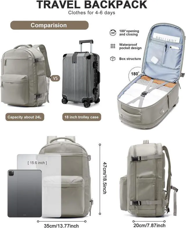 Alt view image 2 of 5 - Large Travel Backpack For Women Men,Mochila de Viaje,Carry On Backpack with USB Charging Port & Shoe Pouch,Airline Approved Personal Item Travel Bag,Waterproof Luggage Backpack(Gray Brown)