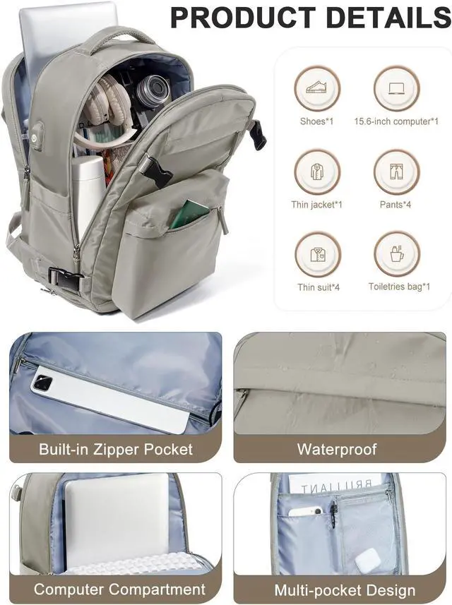 Alt view image 3 of 5 - Large Travel Backpack For Women Men,Mochila de Viaje,Carry On Backpack with USB Charging Port & Shoe Pouch,Airline Approved Personal Item Travel Bag,Waterproof Luggage Backpack(Gray Brown)