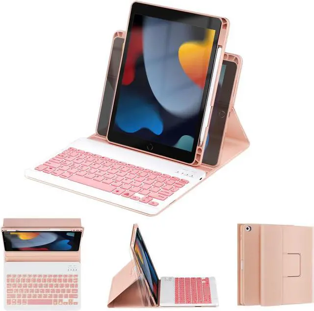 Main image of OYEEICE for iPad 9th Generation Case with Keyboard - Detachable Backlit Keyboard - Rotatable Cover with Pencil Holder for iPad 9th/8th/7th Gen, iPad Air 3rd Gen & iPad Pro 10.5" - Pink