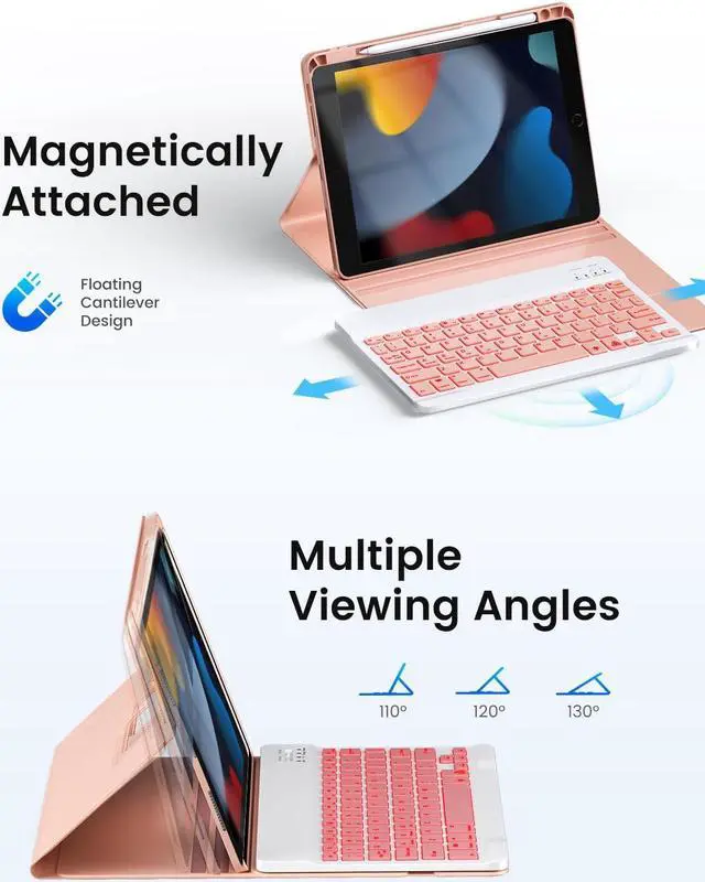 Alt view image 5 of 5 - OYEEICE for iPad 9th Generation Case with Keyboard - Detachable Backlit Keyboard - Rotatable Cover with Pencil Holder for iPad 9th/8th/7th Gen, iPad Air 3rd Gen & iPad Pro 10.5" - Pink