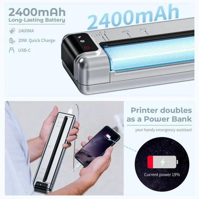 Alt view image 3 of 5 - PhoFuta Portable Printers Wireless for Travel,Q302 WiFi Inkless Thermal Printer with Reverse Charging, Phone Printer Supports US Letter/A4/B5/A5, Bluetooth Printers for Home Use Office,300DPI