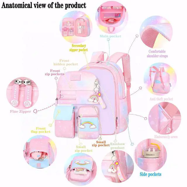 Alt view image 5 of 5 - PRNGCAN Pink Kawaii Backpack Starry Rainbow Bookbag Cute Large Capacity Backpack Multifunction Fashion Casual Laptop Travel Bag For Girl (Pink-17inch)