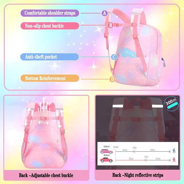Alt view image 4 of 5 - PRNGCAN Pink Kawaii Backpack Starry Rainbow Bookbag Cute Large Capacity Backpack Multifunction Fashion Casual Laptop Travel Bag For Girl (Pink-17inch)