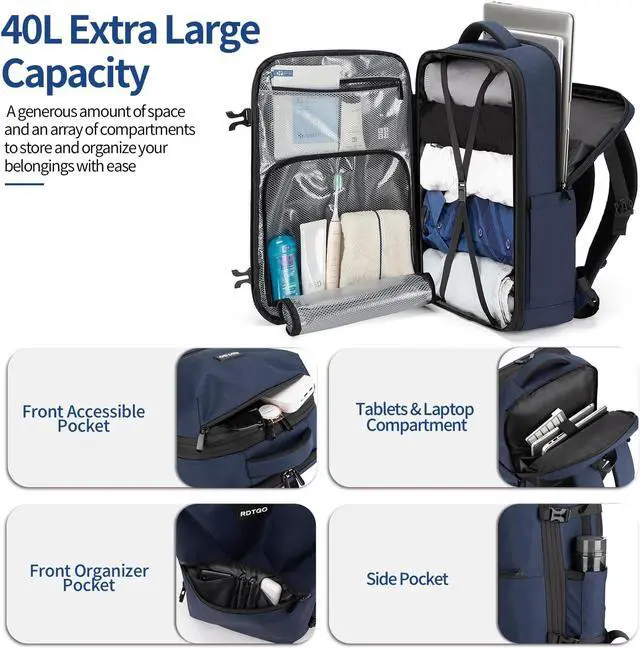 Alt view image 5 of 5 - RDTGO Extra Large Travel Backpack for Men and Women, Navy, 17-Inch Laptop Backpack with 4 Packing Cubes, Waterproof and Organized