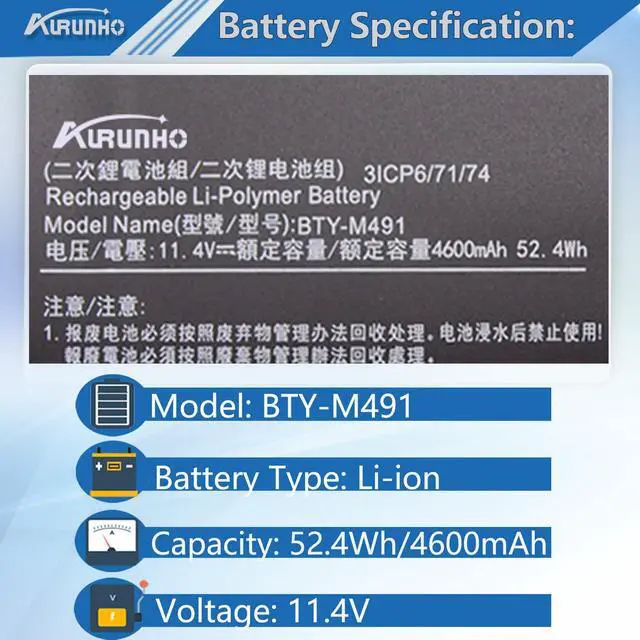 Alt view image 2 of 5 - AURUNHO BTY-M491 Laptop Battery Replacement for MSI Model 15 A4M A4MW A5M A5MU A10M A10RAS A10RB A10RD A11MU A11SBU A11SB Summit B15 A11M Stealth 15M 52.4Wh