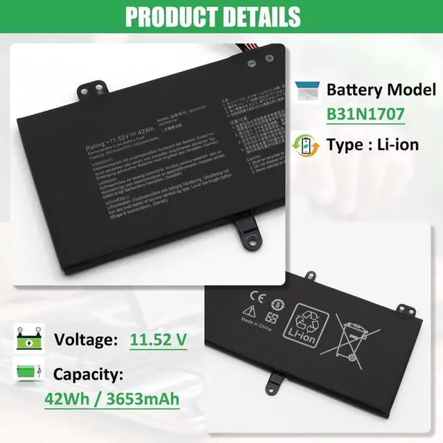 Alt view image 2 of 5 - RHKRKQN B31N1707 Laptop Battery Replacement for Asus VivoBook S14 S410 S410UA S410UQ S4200U S4200UQ X411UA X411UF X411UN X411UQ Series Notebook 0B200-02710000 11.55V 42Wh 3653mAh