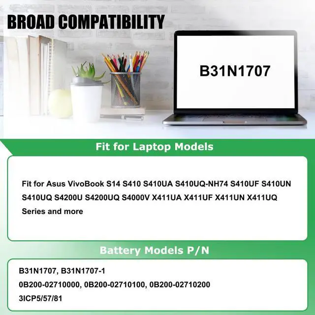 Alt view image 3 of 5 - RHKRKQN B31N1707 Laptop Battery Replacement for Asus VivoBook S14 S410 S410UA S410UQ S4200U S4200UQ X411UA X411UF X411UN X411UQ Series Notebook 0B200-02710000 11.55V 42Wh 3653mAh