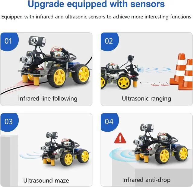 Alt view image 2 of 5 - Smart Robot Car Kit for Raspberry Pi 5/3B/3B+/4B,Upgraded AI Visual Color,QR Code,Face Recognition,Line Tracking,Obstacle Avoidance,Electronic DIY Kit for Teens and Adults(Raspberry Pi Not Included)