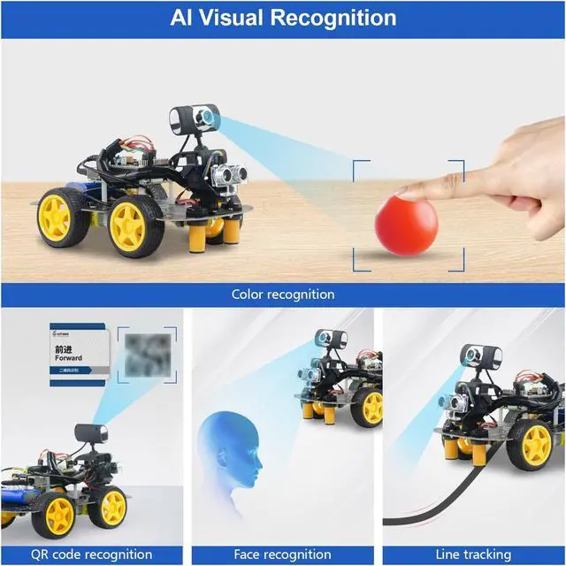 Alt view image 3 of 5 - Smart Robot Car Kit for Raspberry Pi 5/3B/3B+/4B,Upgraded AI Visual Color,QR Code,Face Recognition,Line Tracking,Obstacle Avoidance,Electronic DIY Kit for Teens and Adults(Raspberry Pi Not Included)