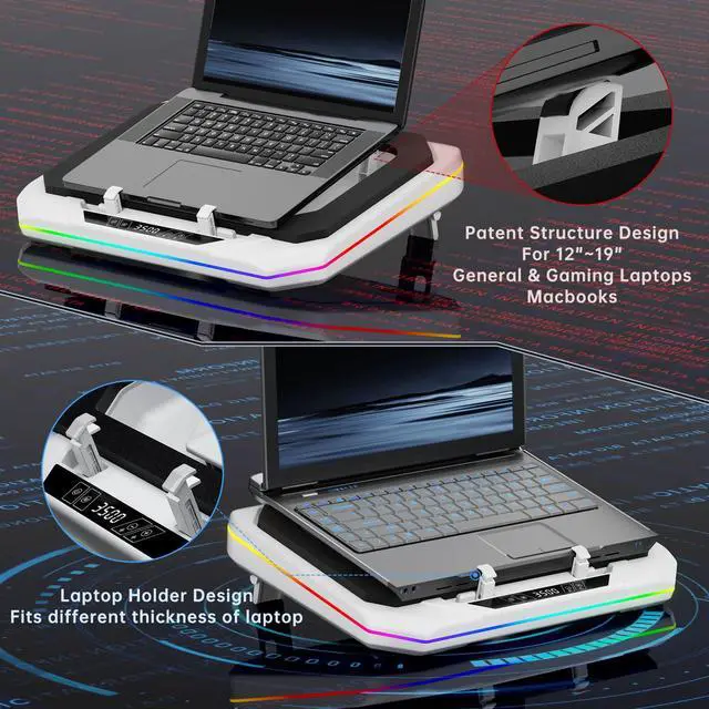 Alt view image 3 of 5 - OImaster Gaming Laptop Cooling Pad with Powerful Turbofan (3500 RPM) RGB 12"-19" Laptop Cooler Stand 3 USB HUB Ergonomics Adjustable 2 Height for Office Notebook Laptop (White-6559)