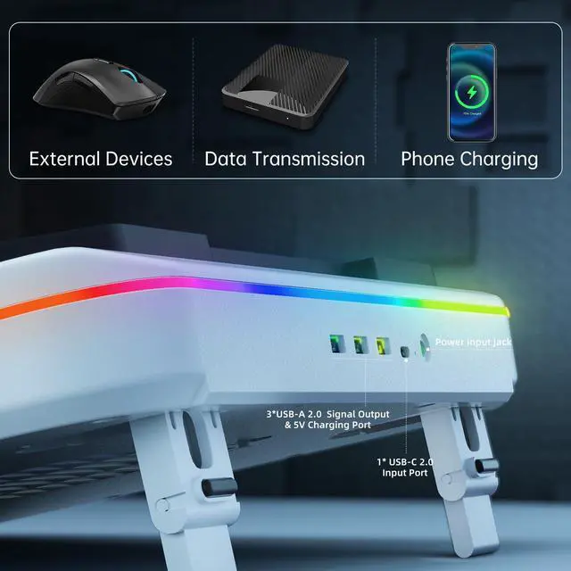 Alt view image 5 of 5 - OImaster Gaming Laptop Cooling Pad with Powerful Turbofan (3500 RPM) RGB 12"-19" Laptop Cooler Stand 3 USB HUB Ergonomics Adjustable 2 Height for Office Notebook Laptop (White-6559)