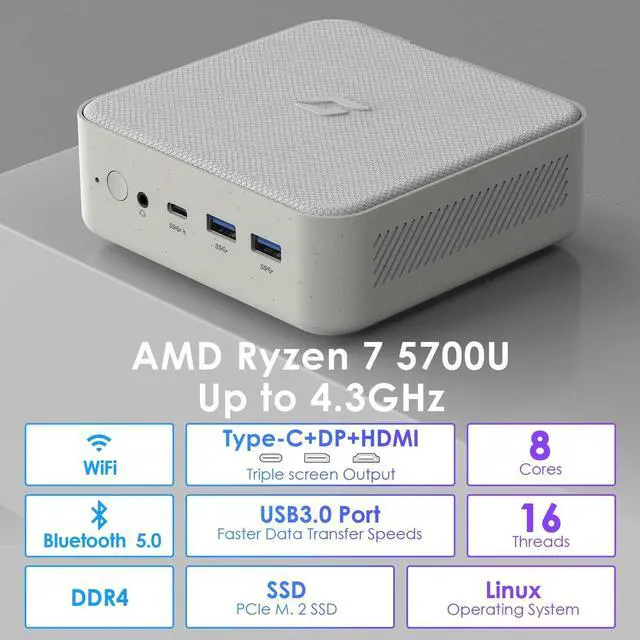Alt view image 2 of 5 - Mini Desktop PC Ryzen 7 5700U (8C/16T, up to 4.3Ghz), Small Linux Computer 16GB DDR4 RAM 128GB PCIe SSD, Micro Gaming PC Supports 4K Triple Display WiFi/BT5.0/USB3.0/HDMI+DP for Home/Office Use