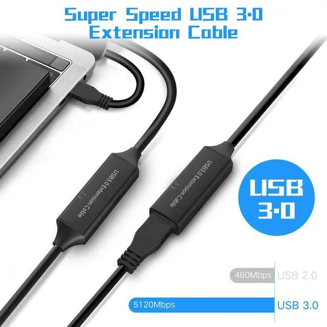 Alt view image 3 of 5 - RSHTECH USB 3.0 Active Extension Cable 32 Feet with 5V 2A Power Adapter, USB 3.0 Extender Male to Female Cord with Built-in Signal Booster Chips for Xbox, PS4, USB Printer, Mouse, Keyboard, etc