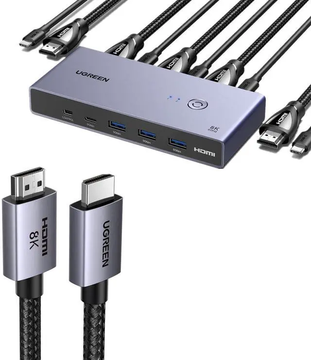Main image of UGREEN 8K@60Hz HDMI KVM Switch with 4 USB 3.0 Ports (3 USB-A + 1 USB-C) USB Switch for 2 Computers Share 1 Monitor Keyboard Mouse Bundle with 8K HDMI 2.1 Cable 48Gbps 6.6FT
