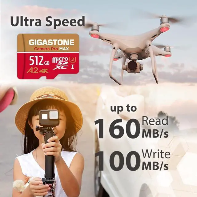Alt view image 2 of 5 - [5-Yrs Free Data Recovery] GIGASTONE 512GB Micro SD Card, 4K Camera Pro MAX, Compatible with Gopro, Dash Cam, DJI, Drone, Security Camera, Speed Up to 160MB/s, UHS-I A2 4K U3 C10, with Adapter