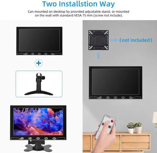 Alt view image 5 of 5 - AISHICHEN 10.1 Inch Small Monitor, Raspberry Pi Screen Built-in Speakers, Mini Display 1024 x 600, 60 Hz, 5ms, IPS Screen Display w/Remote Control, HDMI VGA AV BNC Input, Computer Monitor