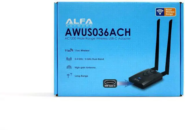 Alt view image 3 of 4 - [(New Version Type-C WiFi USB)]  ALFA AWUS036ACH Long-Range Dual-Band AC1200 Wireless Wi-Fi Adapter w/2x 5dBi External Antennas - 2.4GHz 300Mbps/5GHz 867Mbps - 802.11ac & A, B, G, N
