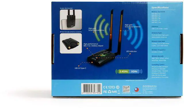 Alt view image 4 of 4 - [(New Version Type-C WiFi USB)]  ALFA AWUS036ACH Long-Range Dual-Band AC1200 Wireless Wi-Fi Adapter w/2x 5dBi External Antennas - 2.4GHz 300Mbps/5GHz 867Mbps - 802.11ac & A, B, G, N
