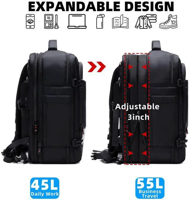 Alt view image 4 of 5 - Asenlin Travel Backpack for Women Men40L-50L Expandable Carry on Backpack17 Inch Water Resistant Laptop Backpack for Weekender Overnight Extre Large Backpack-Black