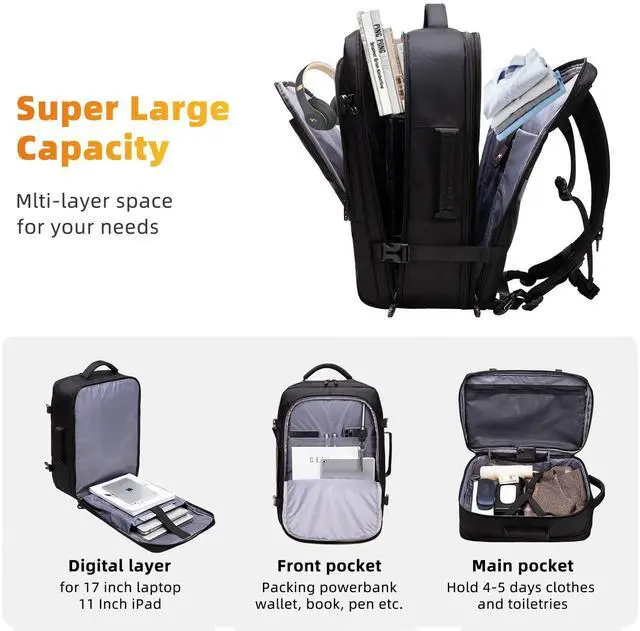 Alt view image 3 of 5 - Asenlin Travel Backpack for Women Men40L-50L Expandable Carry on Backpack17 Inch Water Resistant Laptop Backpack for Weekender Overnight Extre Large Backpack-Black