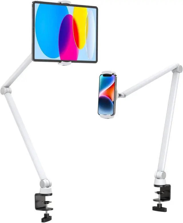 Main image of BEWISER Tablet Stand Holder Desk Mount,360°Rotating Flexibly, Angle Adjustable Long Arm, Folding Aluminium Alloy Compatible with4.7-13" Phone or Tablet in Kitchen/Office(White)