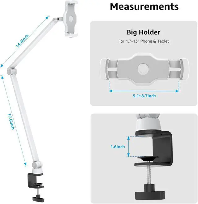 Alt view image 3 of 5 - BEWISER Tablet Stand Holder Desk Mount,360°Rotating Flexibly, Angle Adjustable Long Arm, Folding Aluminium Alloy Compatible with4.7-13" Phone or Tablet in Kitchen/Office(White)